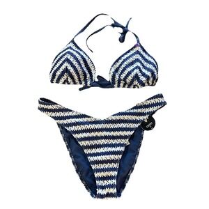 Hollister Crochet Bikini Set Sz L Bottom XL Top New Blue White Striped Padded